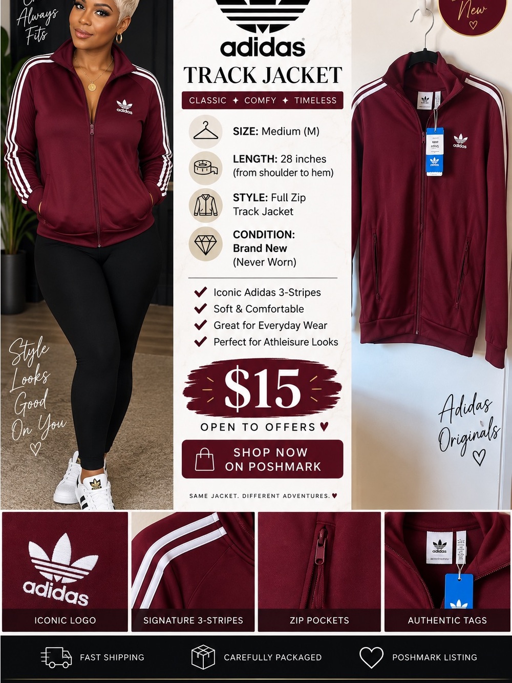 adidas Burgundy Track Jacket with White 3-Stripes - Women's Medium
